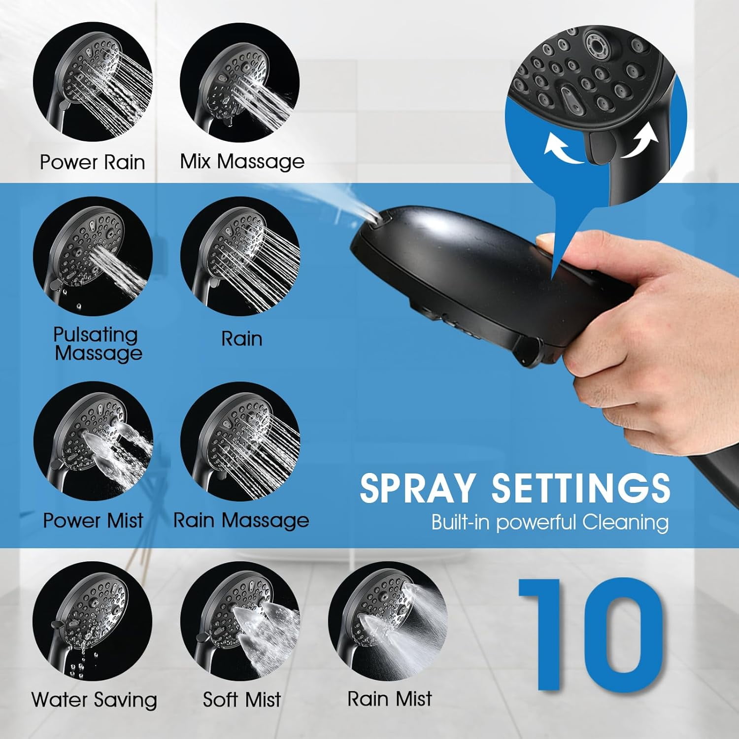 10" Rainfall Shower Head with Handheld Spray, Dual Rain Showerhead with High Pressure 10-Setting Wand Combo, 16" Adjustable Extension Arm Build-in 3-way Diverter, 6ft Hose - Matte Black