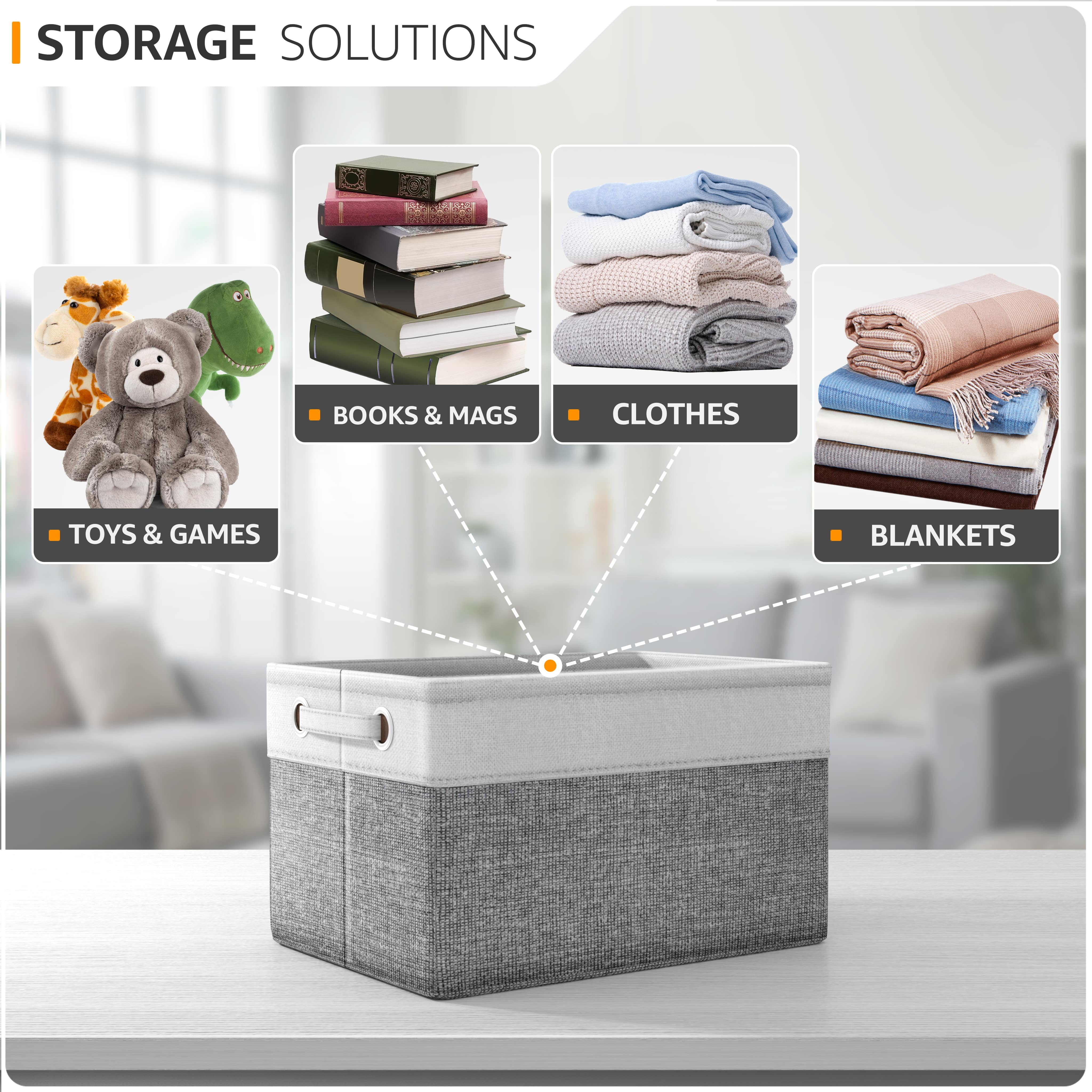 Sorbus Fabric Storage Bins for Shelves - 15" Sturdy Collapsible Baskets with 2 Handles, 3-Pack for Home Organization, Closets, Toys, Clothes, White/Gray