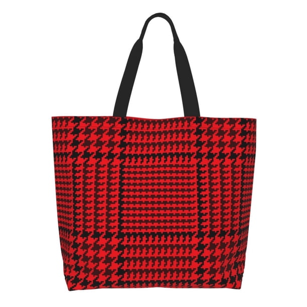 Fotbe Red Black Houndstooth Bolsa Tote Estética de Lona con Estampado para Mujer - Bolsa Reutilizable de Hombro Casual para Vacaciones, Compras, Trabajo y Gimnasio