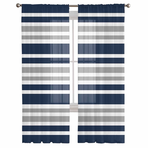 Dark Blue Gray Semi Sheer Curtains 108 Inch Length 2 Panels Set, Horizontal Stripe Minimalist Geometric Sheer Kitchen Curtain Privacy Voile Window Curtain for Living Room Bedroom Rod Pocket Drapes