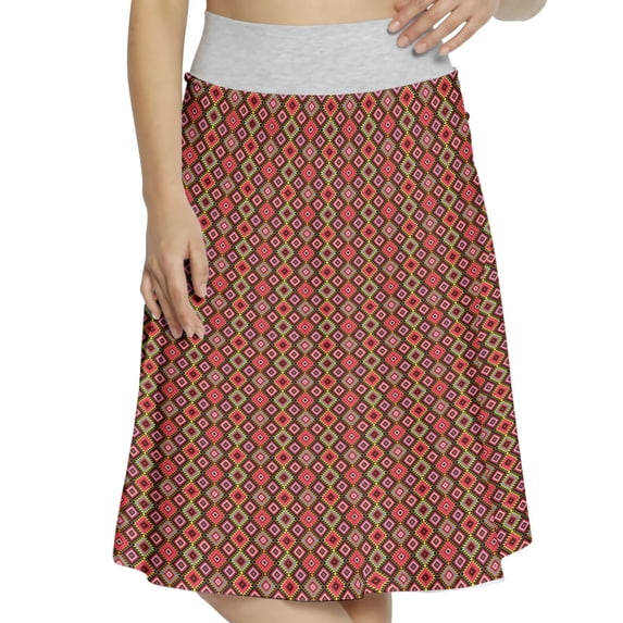 Women's Aztec Triangles and Diamond Shapes A-line Printed Skirt Casual Wear, M, Pink Multicolor, by Ambesonne