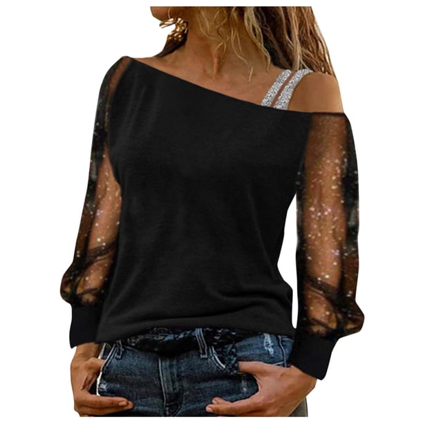 Top de manga larga con hombros descubiertos y pedrería para mujer - Blusa de lentejuelas y hilo de red - Ropa informal de fiesta para otoño/invierno (S-XXL)