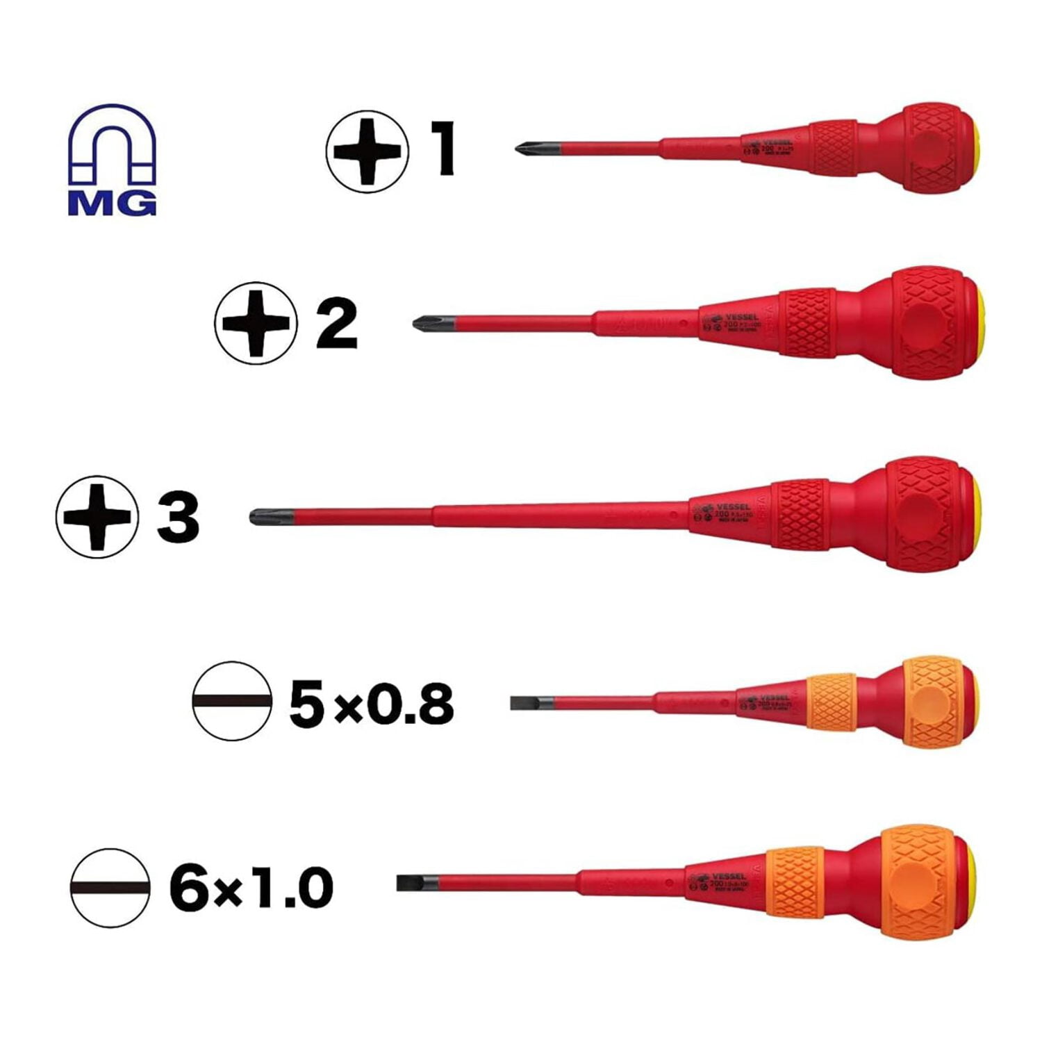 Vessel Tools BALL GRIP Insulated Screwdriver 5PC. Set No.2005PBU