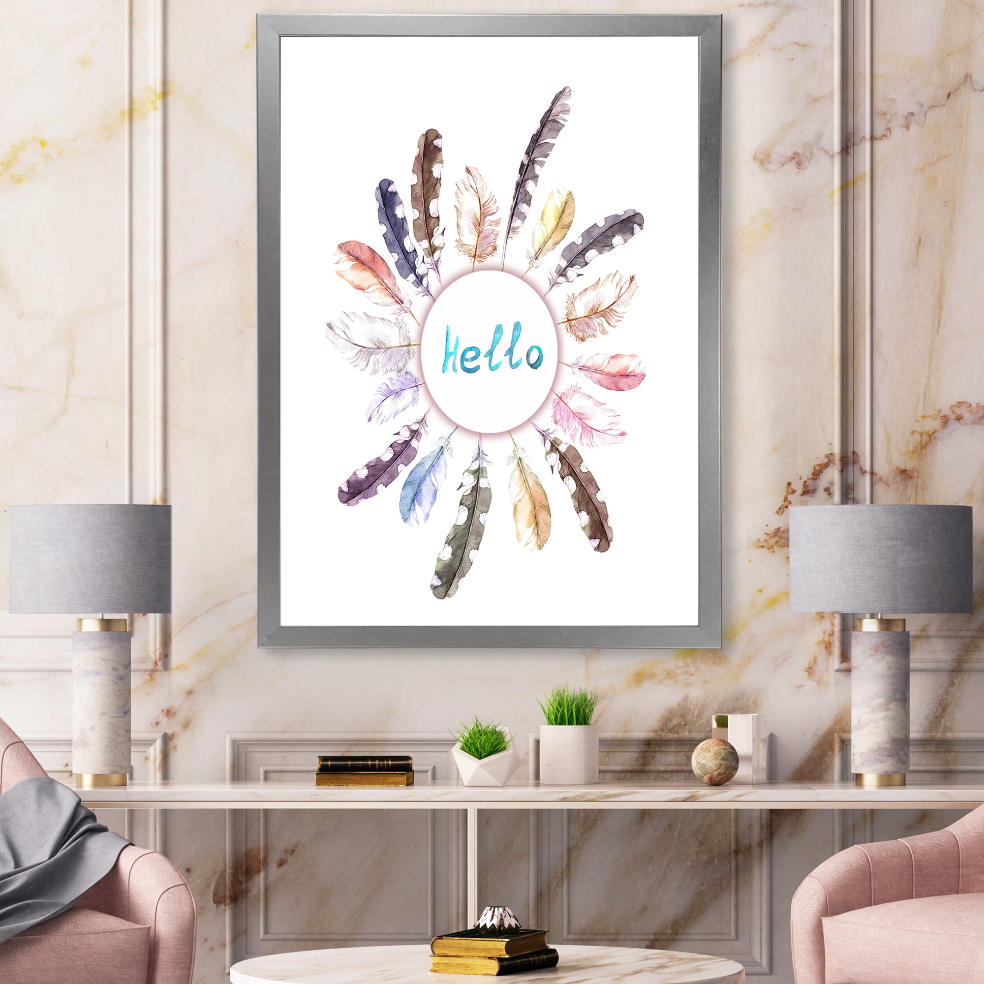 Designart 'Ancient Round Wreath With Birds Feathers' Bohemian & Eclectic Framed Art Print