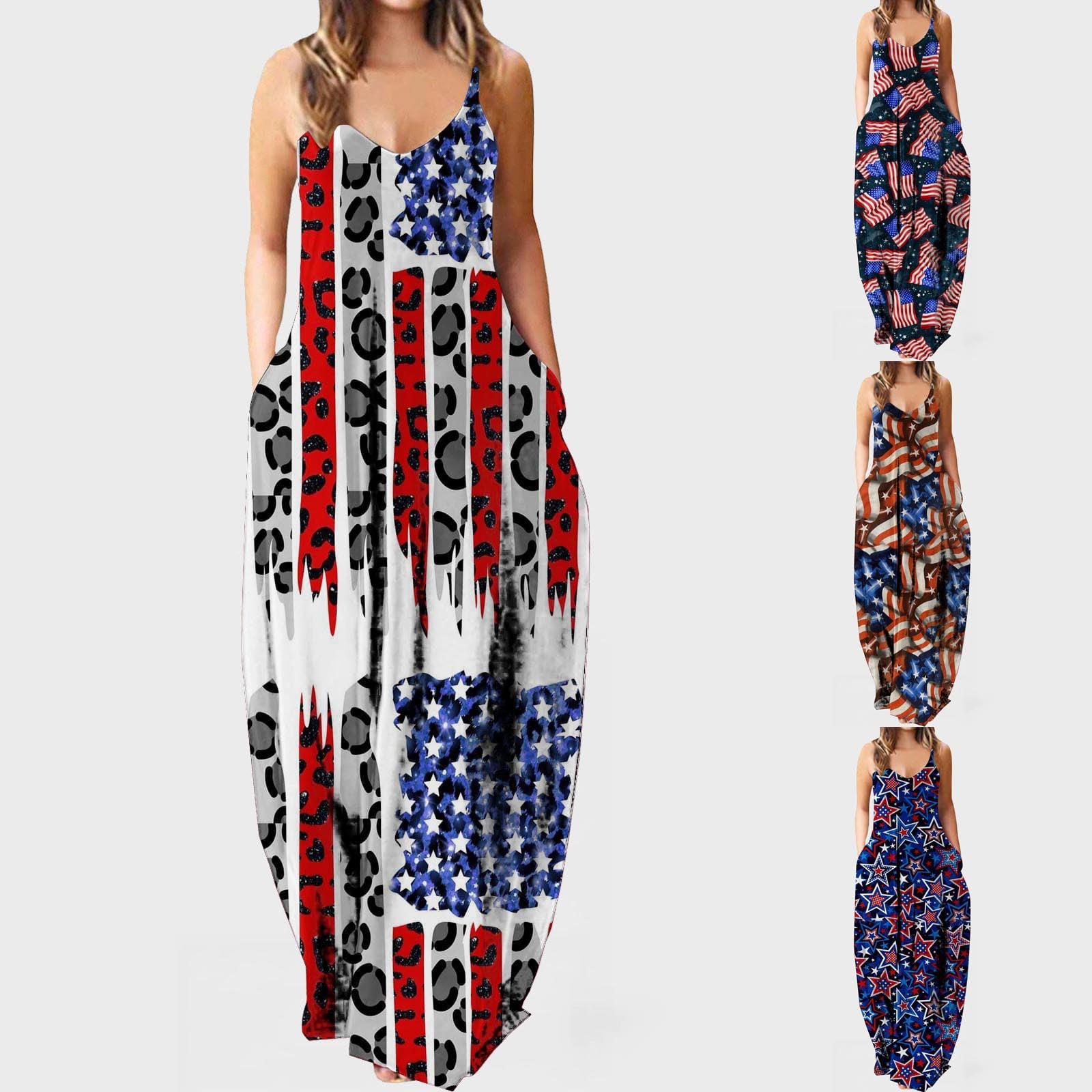 Women's 4th of July Maxi Dresses with Pockets Summer Sexy Spaghetti ...