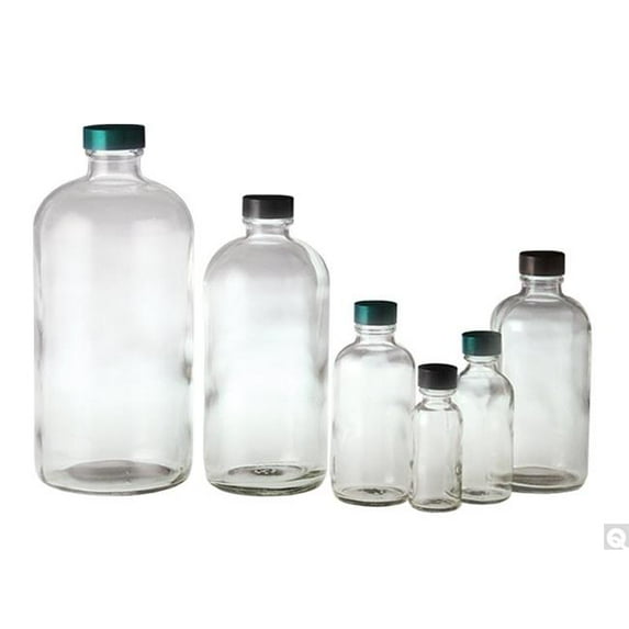4 oz Clear Boston Round Bottles with 22-400 Green Thermoset F217 & PTFE Lined Cap - Pack of 160