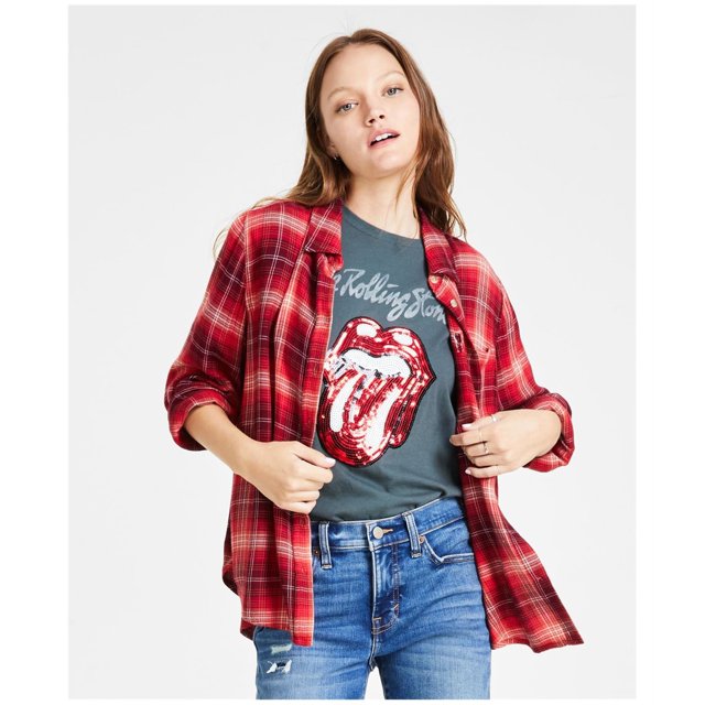 Lucky Brand Womens Cloud Plaid Boyfriend Button Up Shirt, mediumred, S