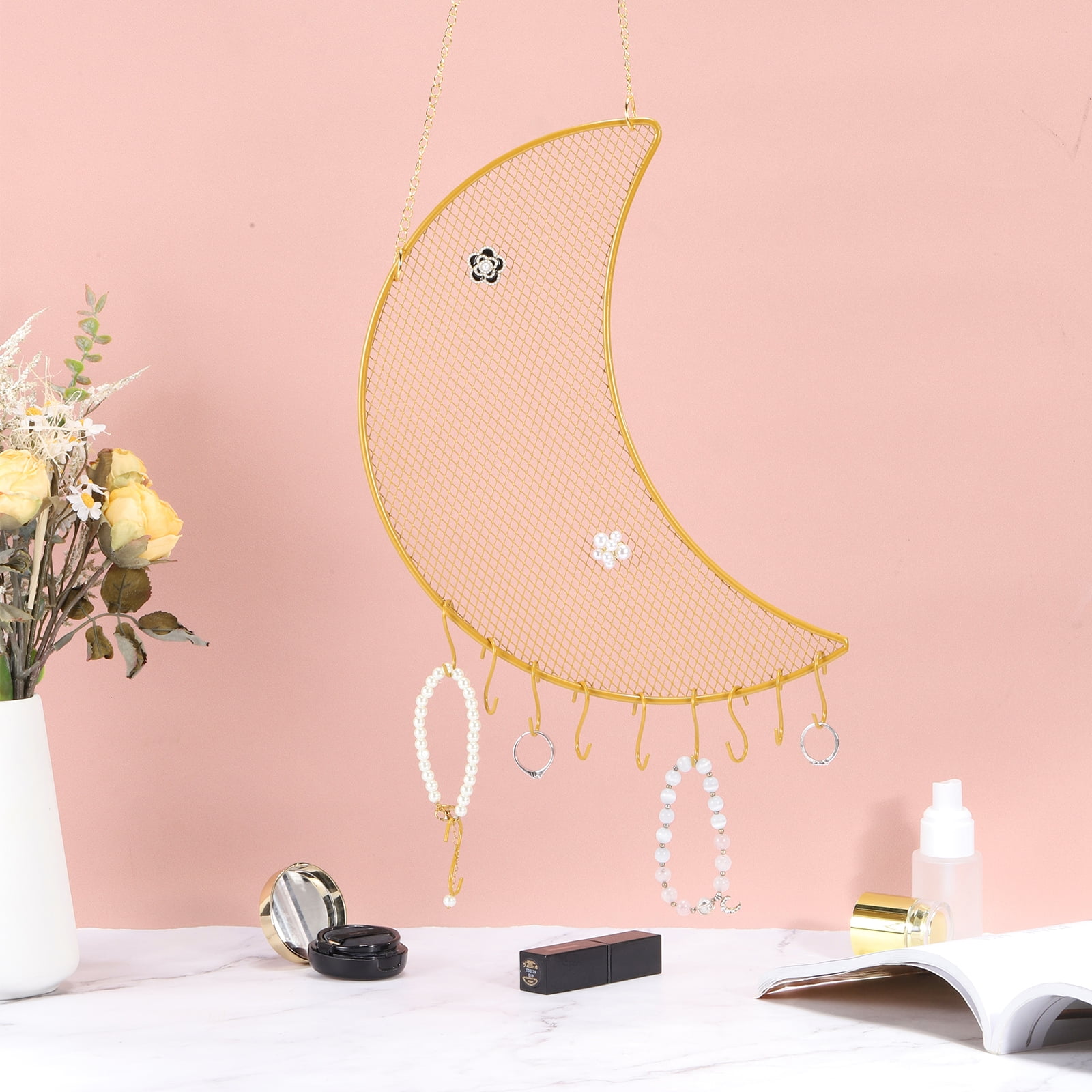 2 Set Earring Holder Organizer Wall, Necklace Holder Hanging Earring Organizer Jewelry Organizer Wall with 6 Hooks for Earring Necklace Jewelry Wall Home Decoration, Moon