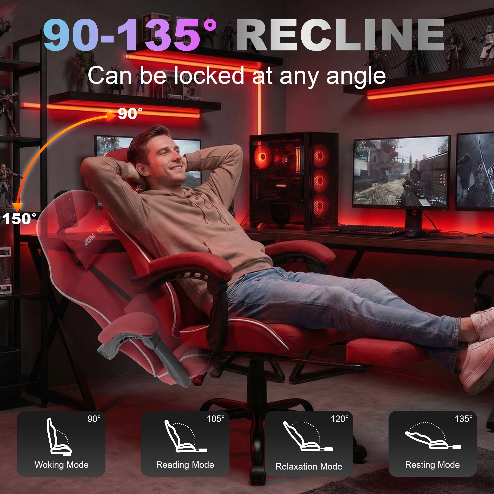 JONPONY Gaming Chair,400LBS Fabric Gamer Chair with footrest for Adults, High Back Ergonomic Computer Game Chair with Adjustable Headrest and Lumbar Support,Red