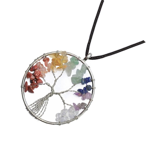 Colgante de árbol de cristal de piedra triturada collares de joyería de bobinado vida artesanía moda señora péndulo joyería de boda Ropa, zapatos y accesorios Miscelánea Plata (cuerda de cuero) 14g Qarigey AP015254-06