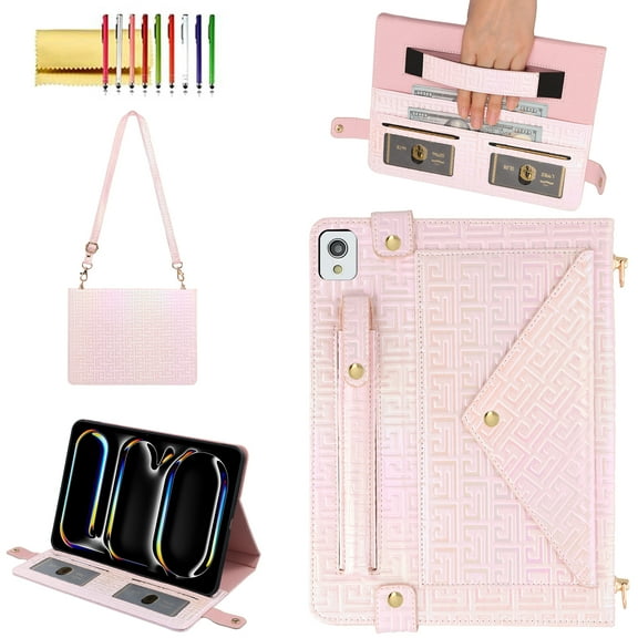 Case for iPad 9th/8th/7th Generation, Folio Stand PU Leather Crossbody Cover with Pencil Holder Card Slots Wallet Case with Shoulder Strap Hand Strap for iPad 10.2 inch 2021/2020/2019, Pink