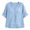 thumbnail image 3 of CaComMARK PI Linen Shirts for Women V Neck 3/4 Sleeve Loose Fit Cotton Tops Button Down Casual Dressy Clothes for Summer Light Blue, 3 of 7