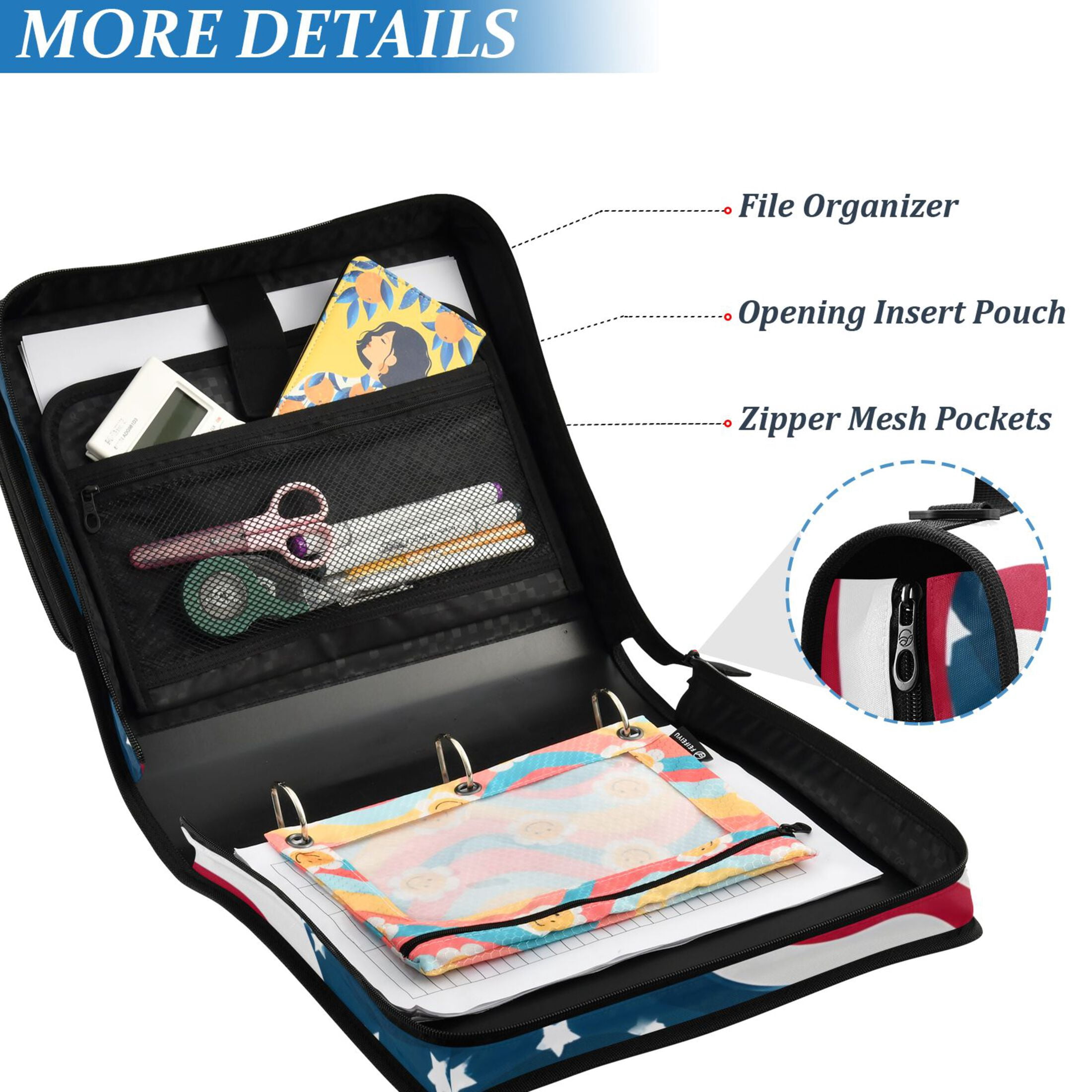 ALAZA Zipper Binder Red Stripes Stars-s1 3 Ring Trapper Keeper File Folder Organizer Bag
