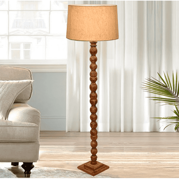 Rustic Wood Floor Lamp in Walnut Brown with Multicolor Fabric Lamp Shade | Light Decoration for Home Corner | Living Room & Bedroom Bedside Floor Lamp, Antique Floor Light, Sweetie Round , Jute