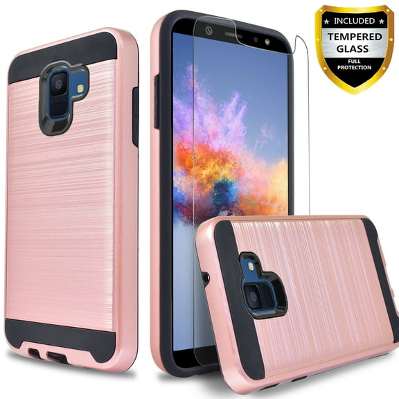 Samsung Galaxy A6, 2-Piece Style Hybrid Shockproof Hard Case Cover with [Tempered Glass Screen Protector] And Circlemalls Stylus Pen [Rose Gold]