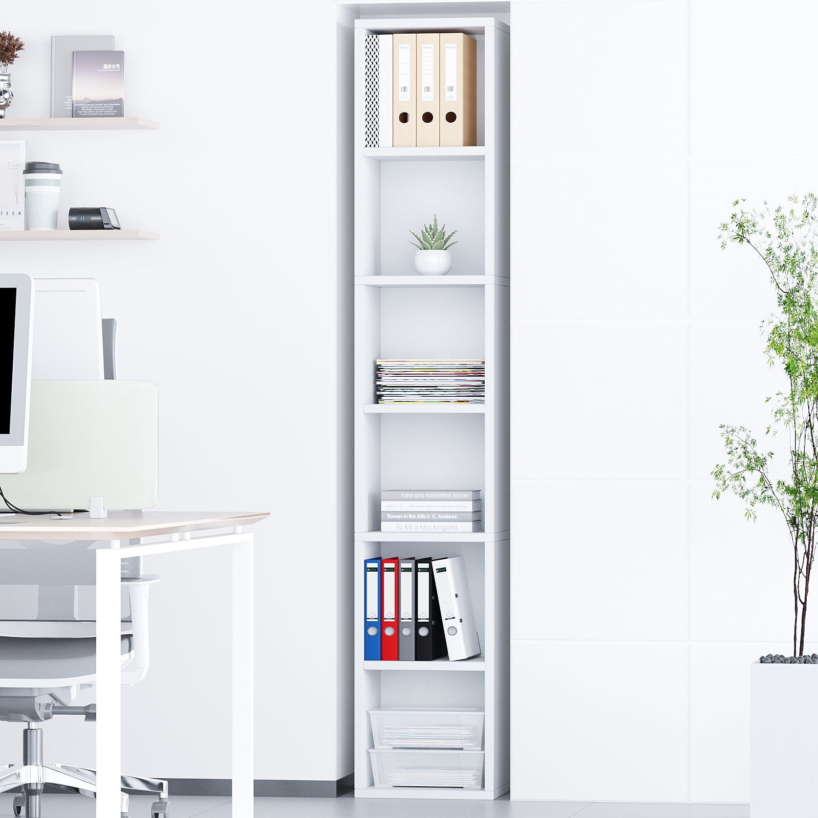 ALISENED 6 Cube Tall Skinny Bookcase, Narrow Organizer Shelf, Wood Corner Bookshelf, Storage Shelves