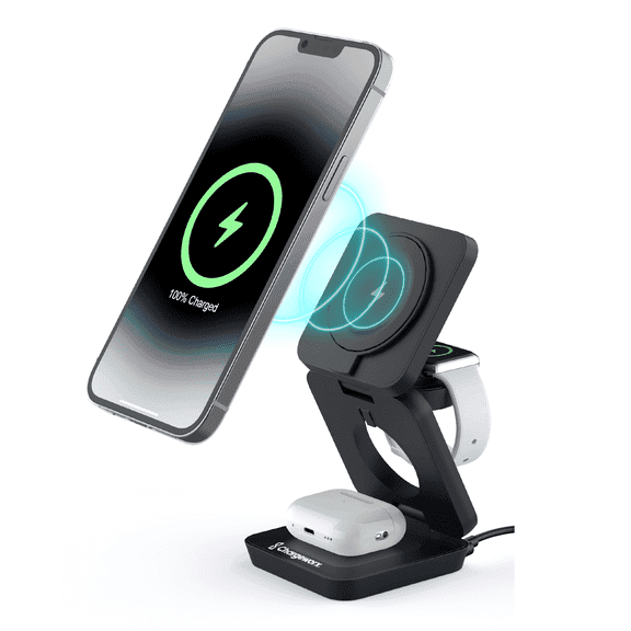 ChargeWorx 3-in-1 Wireless Charging Station, Foldable Magnetic Charger Compatible with MagSafe for iPhone 16/15/14/13/12, Apple Watch & AirPods, 15W Fast Wireless Dock, Travel Charger for Apple
