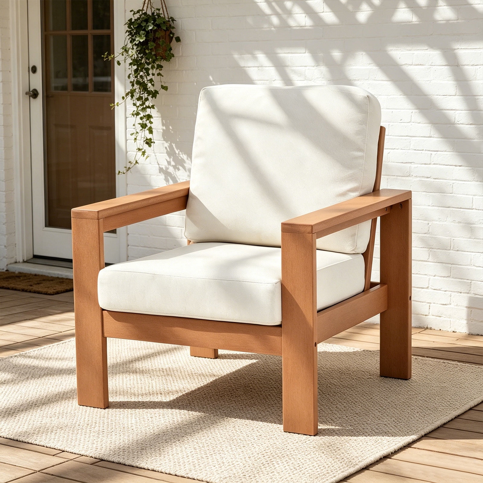 Otsun Outdoor Armchair, HDPE Frame with Removable off-White Cushions for Backyard Porch & Poolside