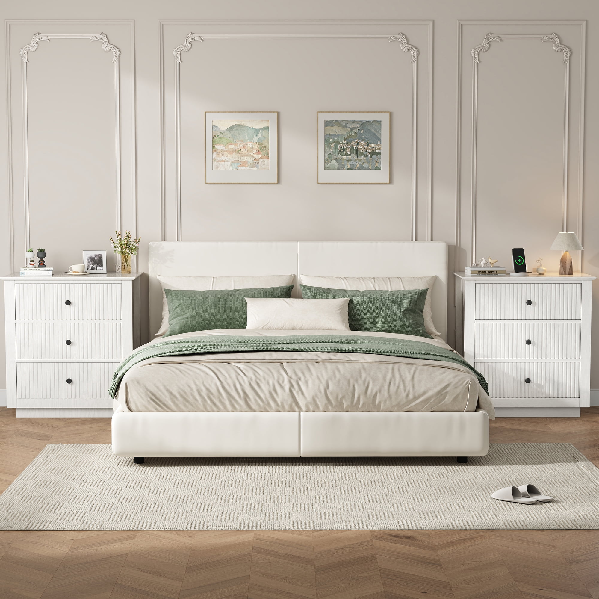 IDEALSOUL Nightstand Set of 2, 24" Wide End Table with Storage, Fluted Nightstand with USB Charging Station, Large 3 Drawers nightstand for Bedroom Living Room(2pc, White)