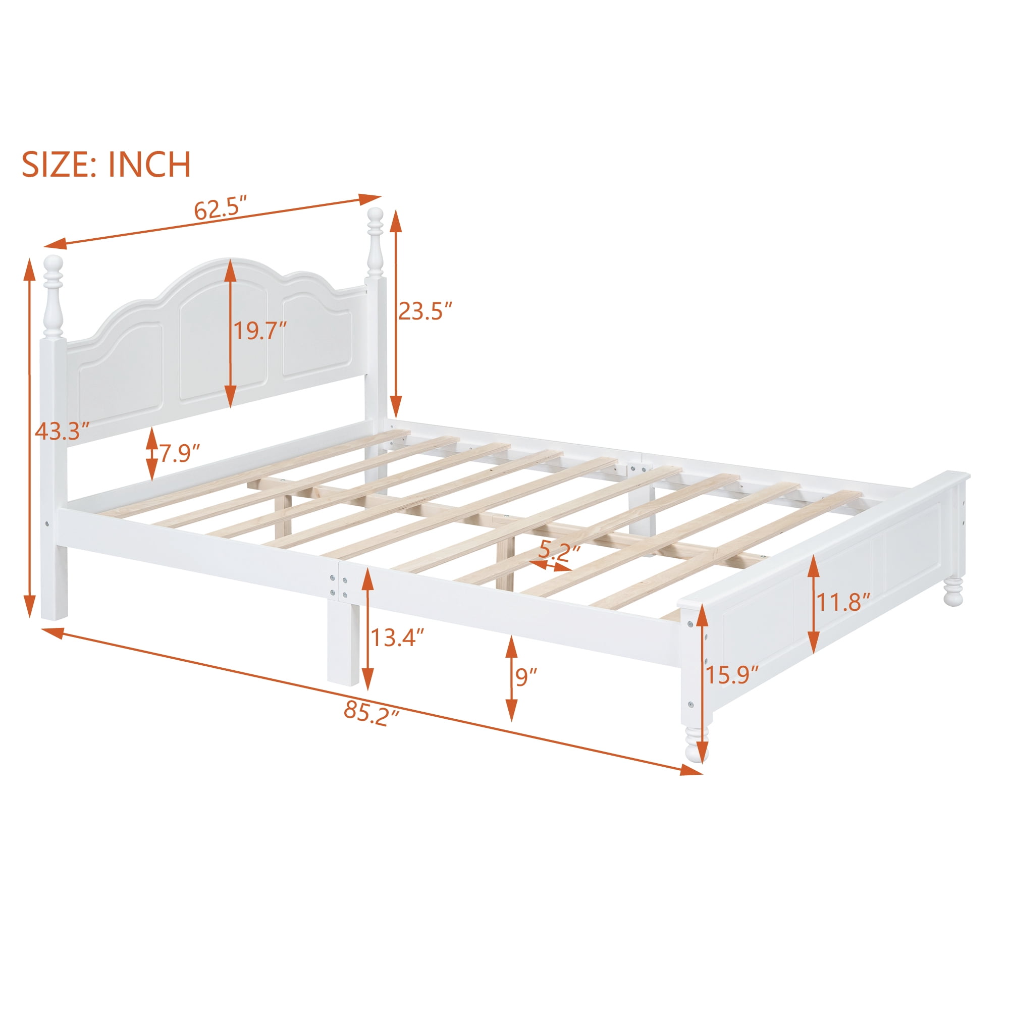 Aukfa Mid-Century Solid Wood Queen Bed Frame with 43" Tall Herringbone Headboard, Heavy Duty, White