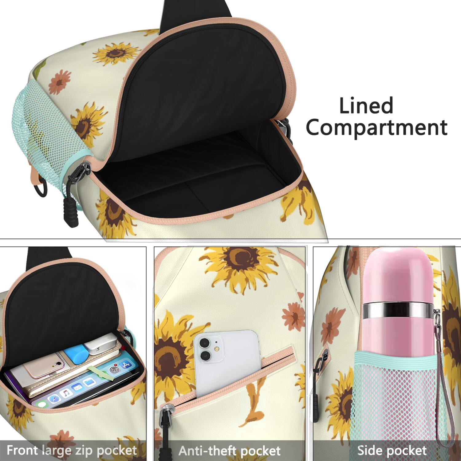 Country Sunflower Farm Theme Sling Bag Golden Floral Chest Backpack with Spacious Pockets Hands-Free Option for Men & Women