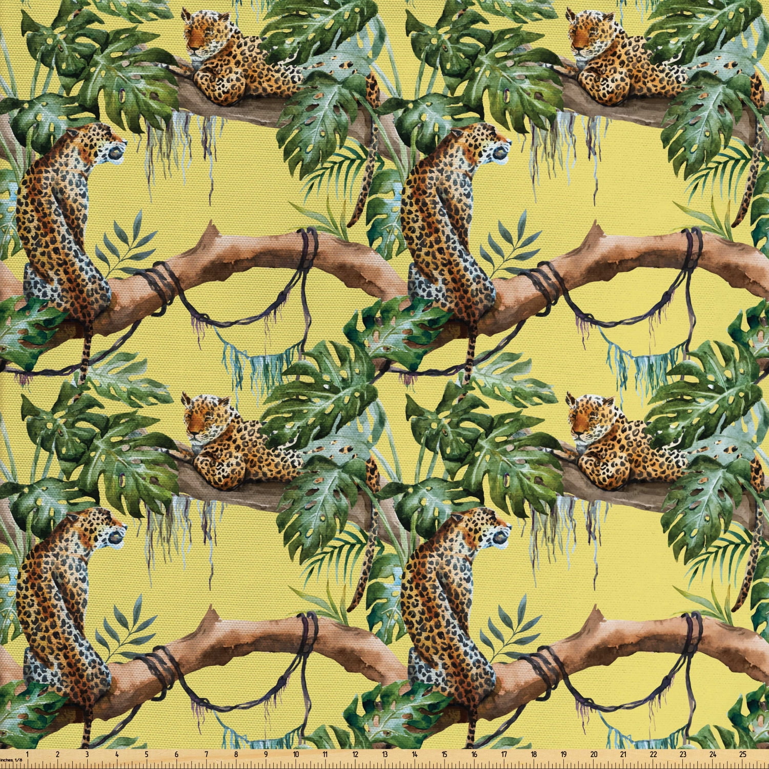 Watercolor Fabric by The Yard, Leopards in the Jungle Tropical Scene