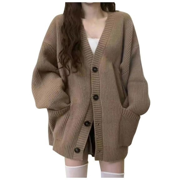 VNKIDY Women Sweater Autumn Winter Solid Color Cardigan Long Sleeve Button Front Loose Fit Soft Sweater Coat For Casual Daily Wear Fashionable Knitwear
