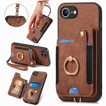 Dteck for iPhone 16e Case Wallet with Card Holder, RFID Blocking PU Leather Protective Case with Ring Holder Stand Wrist Strap for iPhone 16e 6.1 Inch 2025,Brown