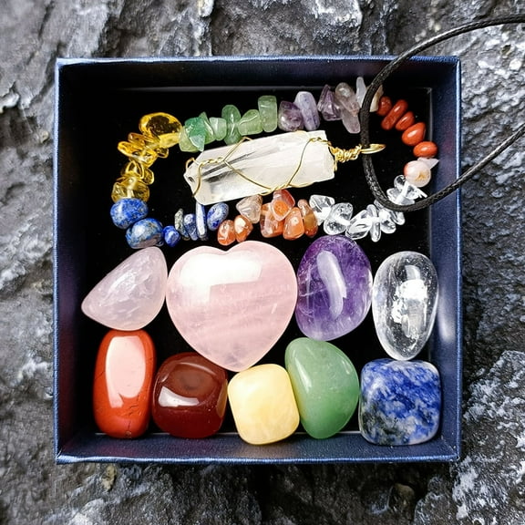 DESIGNICE Beginner Chakra Crystals Gift Set,Pendant & Bracelet,Healing for Relaxation & Stress