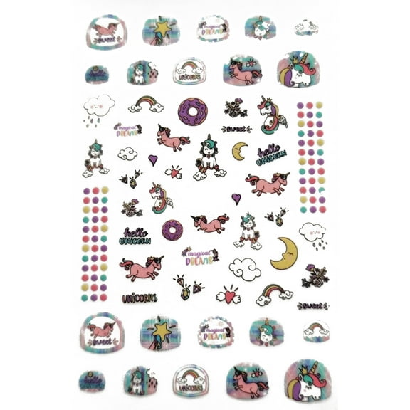 Cute kids nail art, rainbows, unicorns, stars and more nail stickers! Pink blue yellow