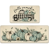 Hello Pumpkin Teal White Fall Kitchen Rugs Set of 2, Blue Autumn Plaid Check Truck Kitchen Mats Decor, Farmhouse Thanksgiving Floor Door Mat Home Decorations - 17x29 and 17x47 Inch