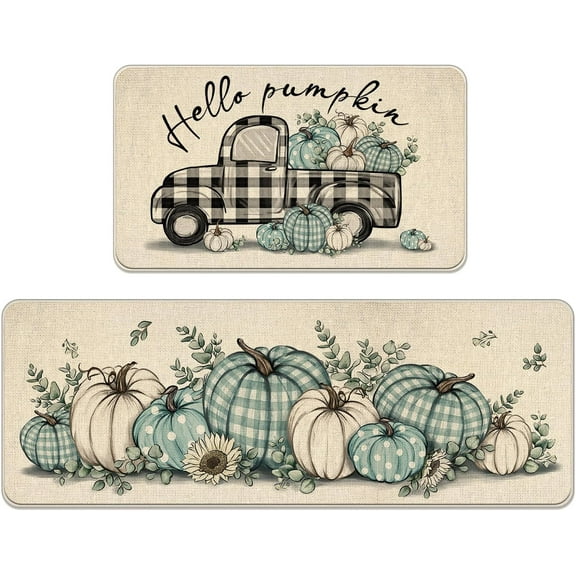 Hello Pumpkin Teal White Fall Kitchen Rugs Set of 2, Blue Autumn Plaid Check Truck Kitchen Mats Decor, Farmhouse Thanksgiving Floor Door Mat Home Decorations - 17x29 and 17x47 Inch