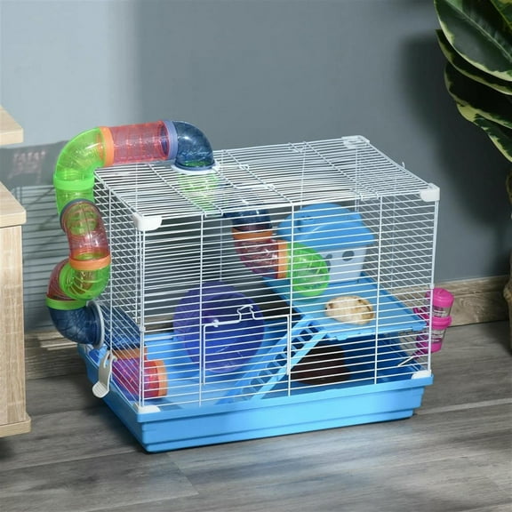 Demi Bonn 18" Large Hamster Cage, Gerbil Cage with Exercise Wheel, Water Bottle and Play Tubes for Syrian Gerbil, 2 Tiers Small Animal Habitats, Blue