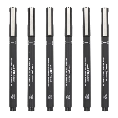 Uni Pin Micro Fineliner Drawing Pens 6 Assorted Tip,Technical Precision Multiliner Pen,Black Ink for Sketching, Anime, Manga 6pcs