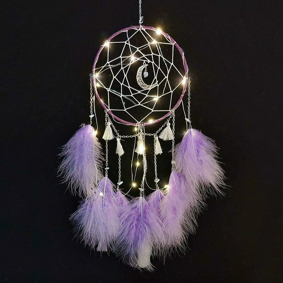 Dream Catcher with LED Light, Handmade Dream Catcher with Feathers, Romantic Girl's Room Decor, for Wall Decor Craft Decor Ornaments (Purple)