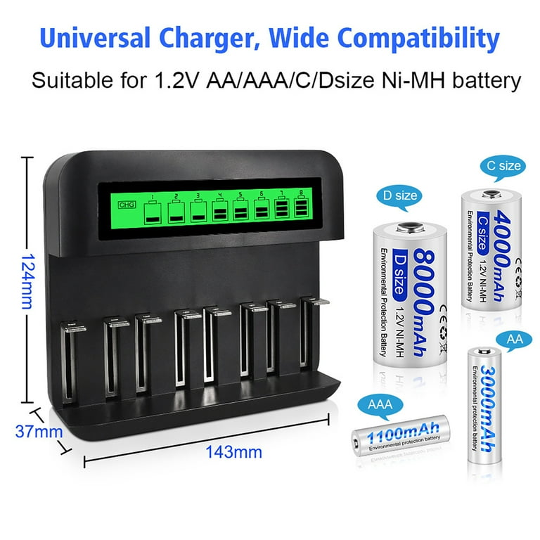 Acculader universeel, BONAI batterijoplader LED USB intelligente batterijlader snel slimme acculader voor AA AAA C D NiMH oplaadbare batterijen