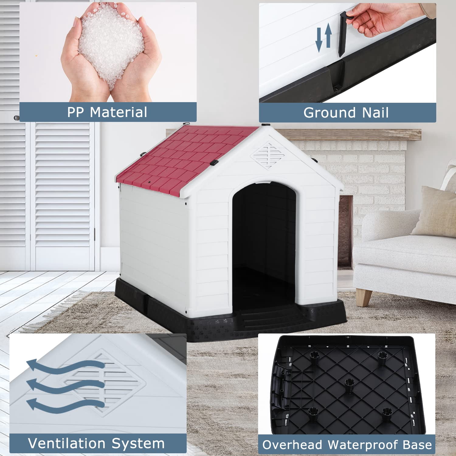 Large Dog House Plastic Dog Kennel Indoor Outdoor for Large Dogs, 39 inch All Weather Doghouse Puppy Shelter with Air Vents and Elevated Floor Ventilate,Red