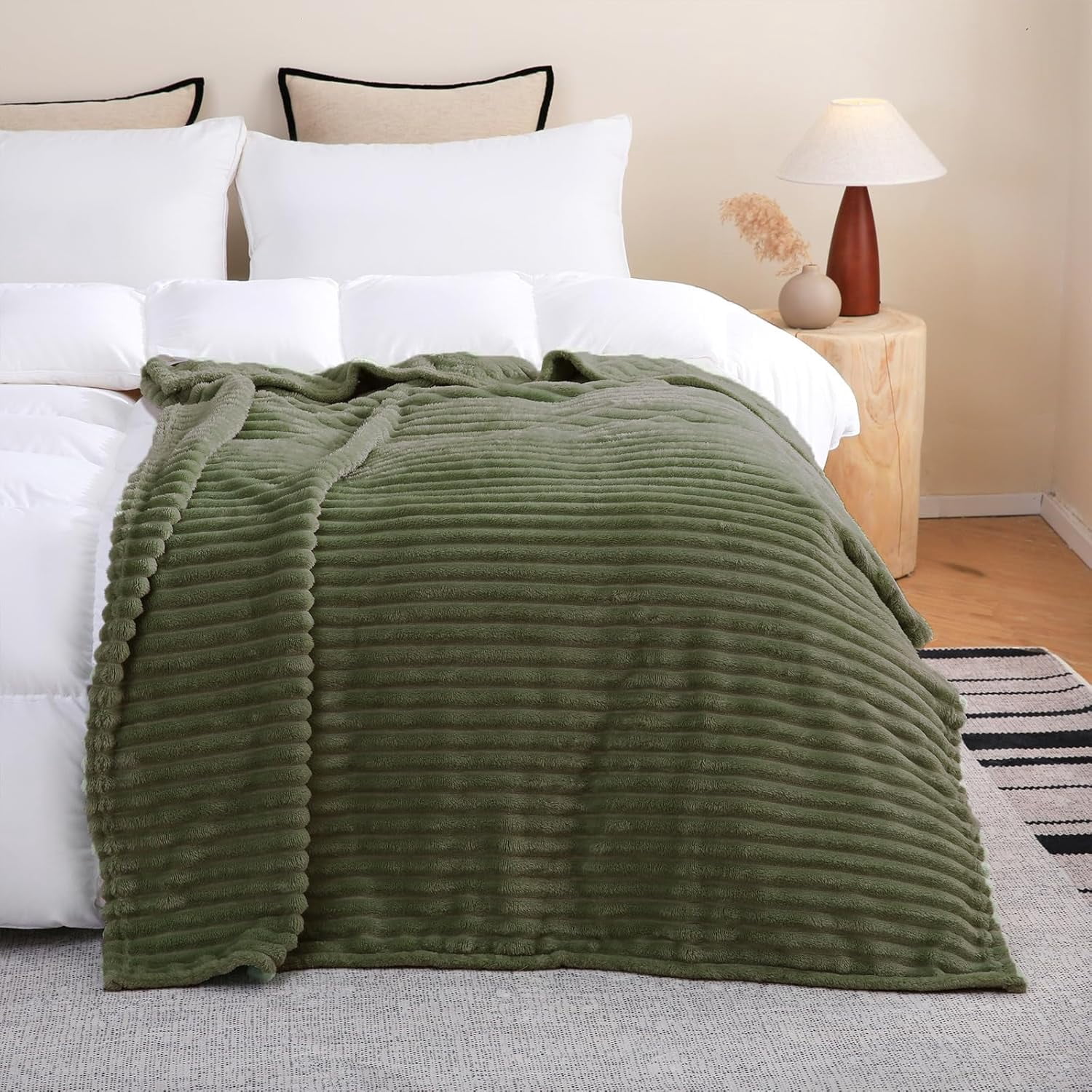 Sage Green Fleece Throw Blanket 50”×60” for Couch Sofa Bed,Super Soft Cozy Plush Microfiber Flannel Blanket with Stripes Design Lightweight for Adults,Woman,Girls