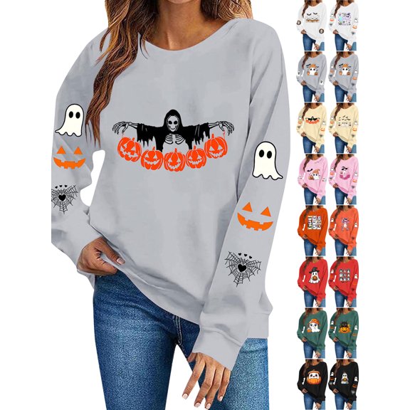Halloween Sweatshirt for Women Dqueduo Women's Halloween Fashion Loose Casual Long Sleeve Hoodless Top Gray S