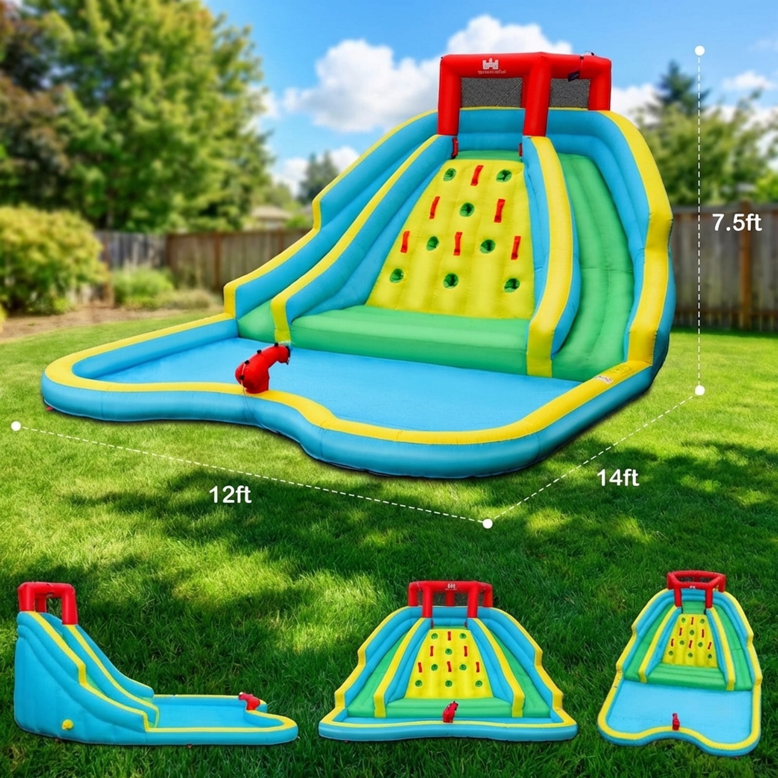 Redsmile Inflatable Water Park Bounce House with Double Slide and Climbing Wall with 735W Blower - Multicolor