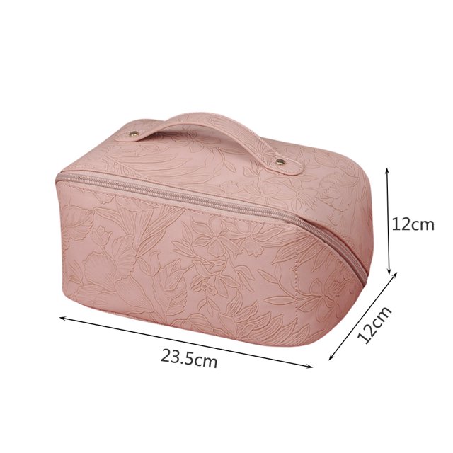 Bolsa de cosméticos retro de PU, bolsa de maquillaje de viaje en relieve, bolsa de lavado portátil (rosa) Likrtyny Cuidado Belleza