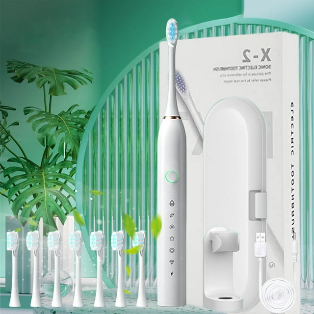 Cepillo de dientes eléctrico, 8 cabezas de cepillo, 6 velocidades, carga USB, cerdas suaves, blanco
