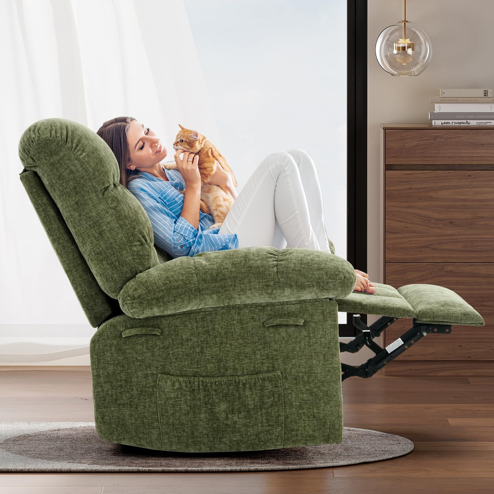 Swivel Rocking Recliner Chair, 360° Swivel 135° Tilt Glider Nursery Chair with Extra Large Footrest, Chenille Upholstery Q235 Steel Frame High Back Deep Seat for Living Room Bedroom Small Spaces