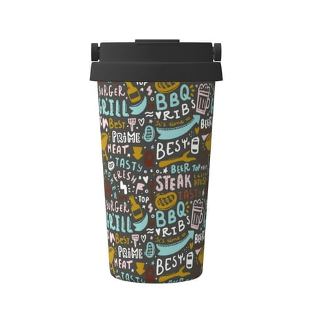 

Uemuo Barbeque Print Carry Insulated Coffee Mug Travel Mug with Hidden Handle Insulated Coffee Flask Leak-proof Travel Mug Insulated Mug for Office