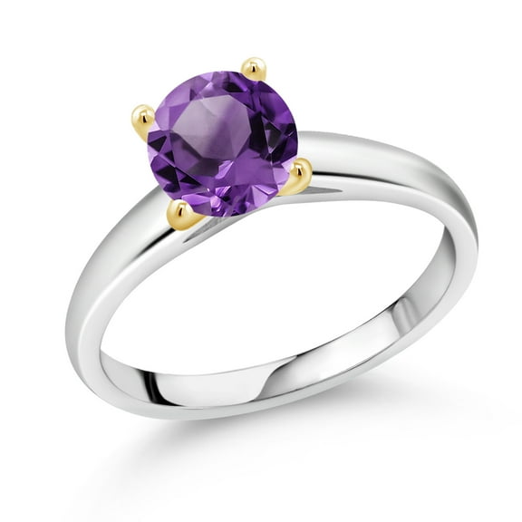 Gem Stone King 1.20 Ct 7mm Round Purple Amethyst 925 Silver and 10K Yellow Gold Ring Ring (Size 7)