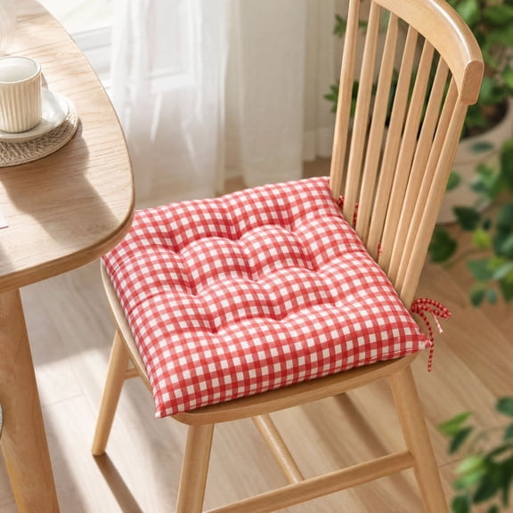 Red Gingham Tufted Chair Cushion, Soft Square Seat Pad with Ties for Dining Kitchen Chair