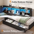 thumbnail image 5 of Corner Bed Frame Twin Size with Storage Bookcase, 3 Drawers, LED Lights & Charging Station, Twin Platform Bed Frame with Upholstered Headboard and Open Shelf, Metal Corner Daybeds for Teens, Black, 5 of 9