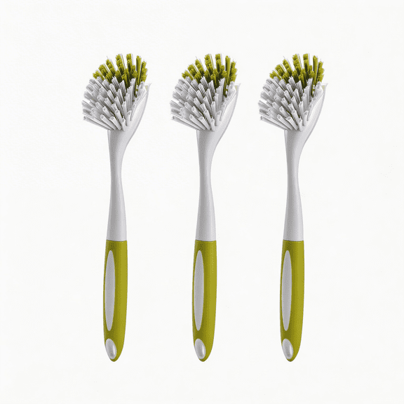 3 Pack Dish Brush with Handle - Stiff Bristle Kitchen Scrubber for Heavy Duty Pot, Pan & Sink Cleaning. Ergonomic Grip, Durable & Odor-Resistant.