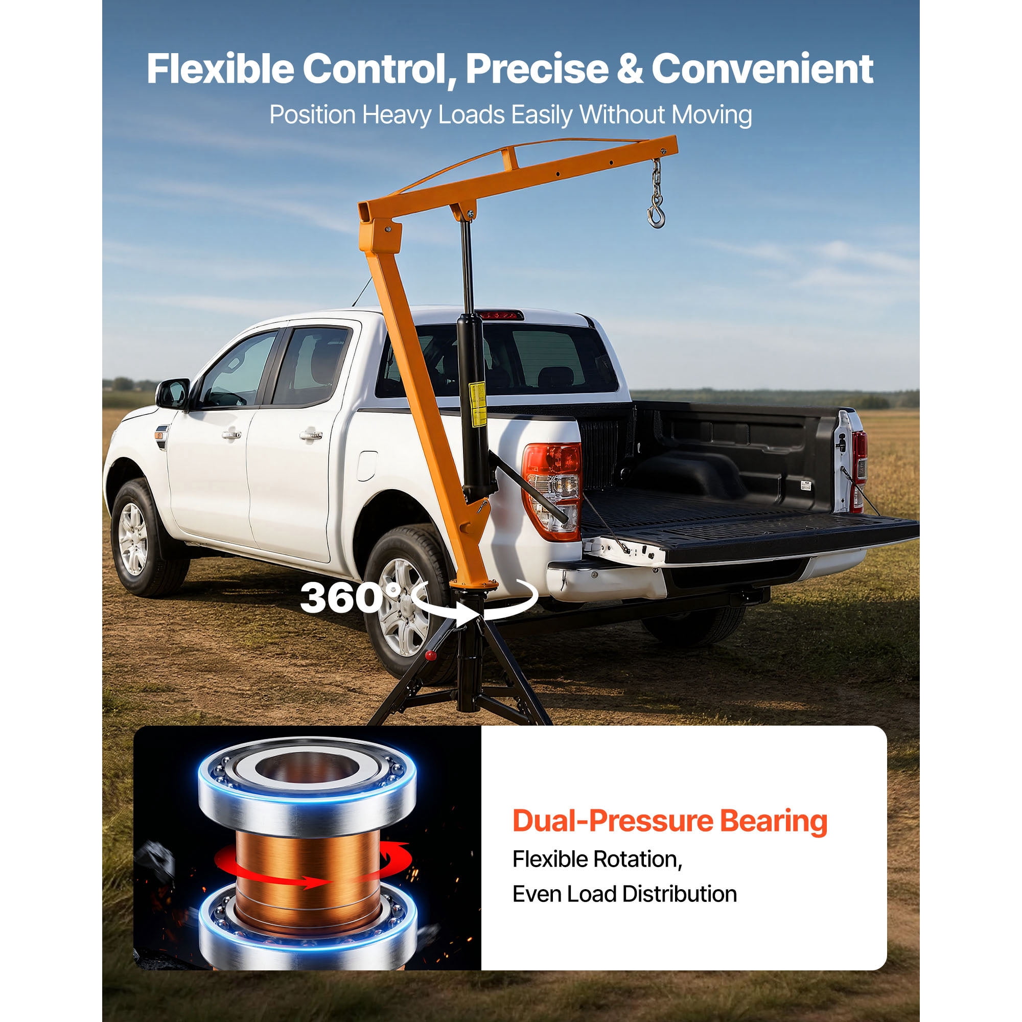 KFFKFF Truck Crane, 1000 lbs Capacity, Trailer Hitch Mounted with Manual Hydraulic System, 360° Rotating Telescopic Boom, Foldable Design for Lifting Machinery and Lumber