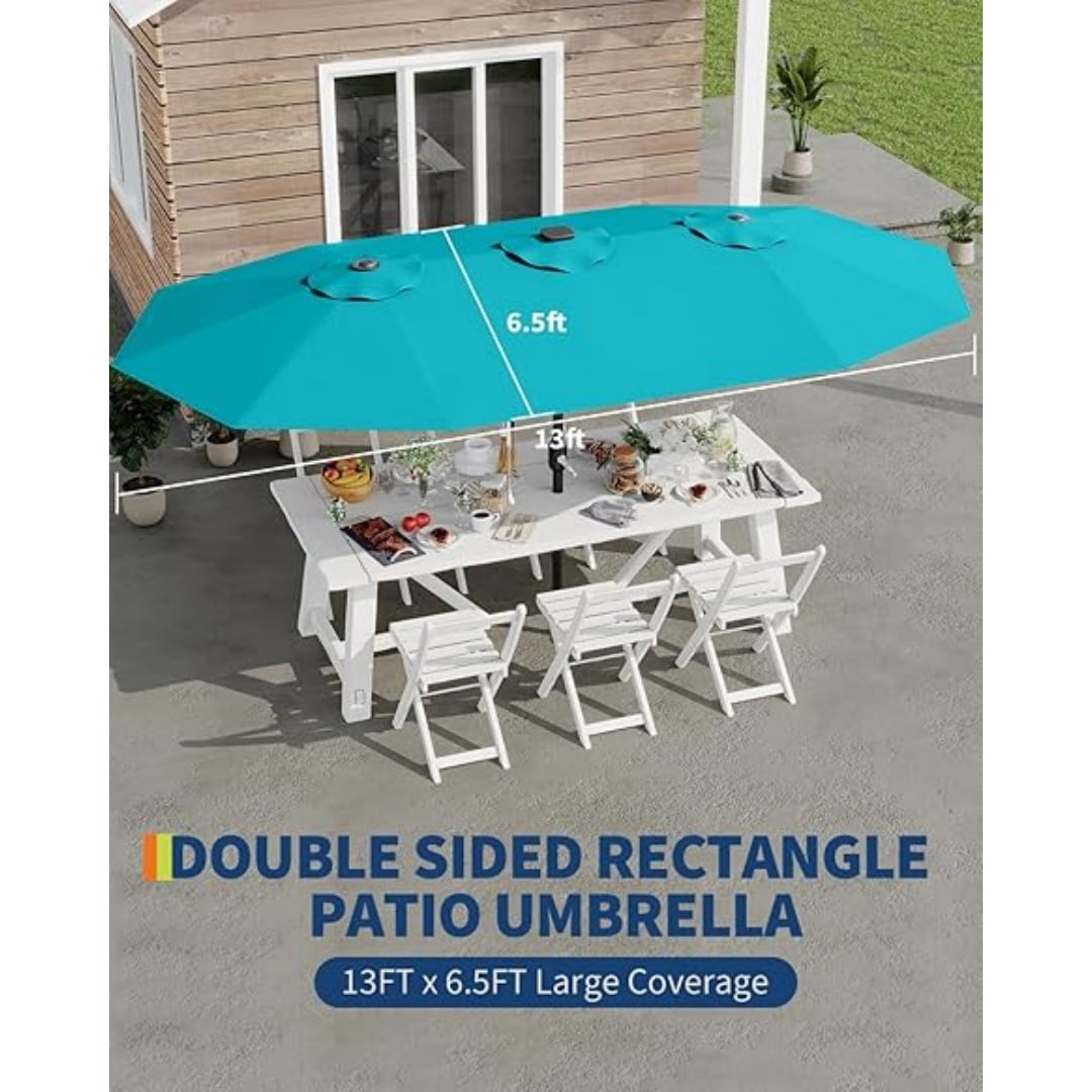 13FT Outdoor Umbrellas for Patio, Double-Sided Rectangular Patio Umbrella Market Umbrella with Base Waterproof and Windproof Fade Resistant Canopy for Deck Pool Garden Backyard
